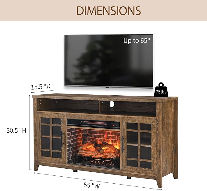 55" Rustic Fireplace TV Stand with 23" Fireplace Heater, Media Entertainment Center for TV up to 65", Open Storage Shelves, Cabinet Console Table, Reclaimed Barnwood
