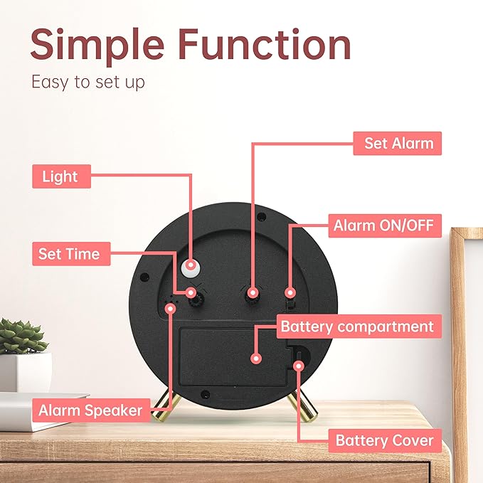 Analog Alarm Clock, 4 inch Super Silent Non Ticking Small Clock with Night Light, Battery Operated, Simple Design, easy setting for Office, Bedroom, Bedside, Desk, teens, elders, kids, adult, Red