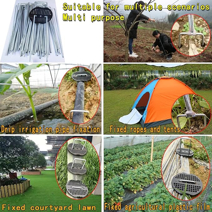 200Pcs Landscape Staples with 200 Gasket with 1Pick Hook, 6 Inch Heavy Duty Garden Stakes 11 Gauge U Shaped Galvanized Lawn Pins for Weed Barrier Fabric
