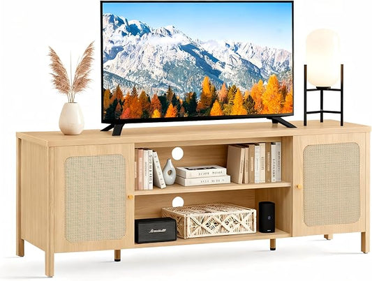 Rattan TV Stand for TVs up to 75'' Boho Entertainment Center with Adjustable Shelf Television Stand with 2 Storage Cabinets Media Console Wooden TV Cabinet for Living Room Bedroom,Natural Oak