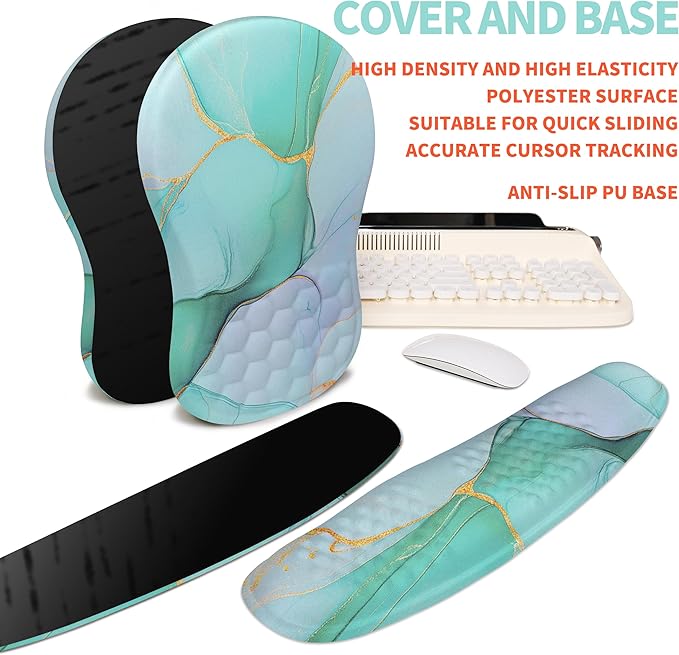 2-in-1 Ergonomic Set, Wave Rise Keyboard Wrist Rest and Massage Bulge Slope Mouse Pad Wrist Support, Cushion Memory Foam Integrated to Relieve Wrist Pain, Blue Gold Marble