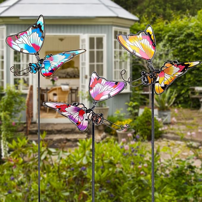 Juegoal Set of 3 Butterfly Garden Stake Decor, 20 Inch Colorful Butterflies Stakes, Glass & Metal Yard Art Ornaments for Mom, Mothers Day Ideal Gifts, Outdoor Lawn Pathway Patio Plant Pot, Flower Bed