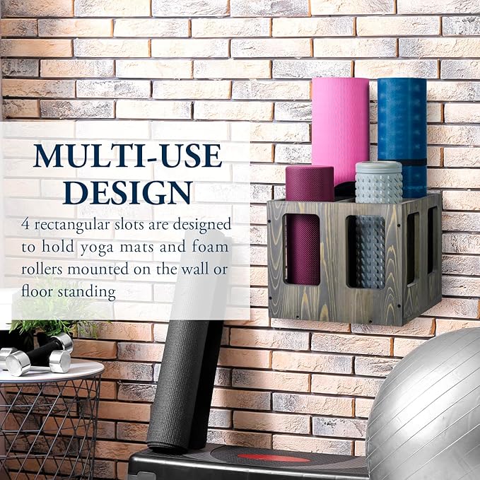 MyGift 4-Slot Vintage Brown Wood Foam Roller Storage Organizer, Wall Mounted or Floor Standing Holder Rack for Yoga Mats and Gym Accessories