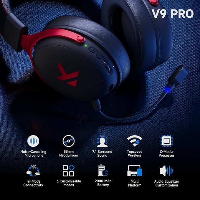MCHOSE V9 PRO Wireless Gaming Headset 7.1 Surround Sound for PS5 PS4 PC SWITCH TOPSPEED Gaming Headphones, Noise Canceling Mic, 250Hr Battery, Low 15ms Latency, Lightweight, BT 5.3 FPS Games Black&Red