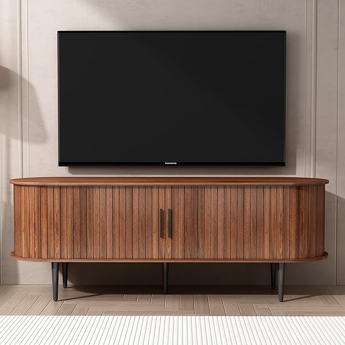 Mid Century Modern Fluted TV Stand, Walnut TV Stand for 55 Inch TV, Wooden Entertainment Center with Sliding Doors and Ample Storage Space, Media Console Storage Cabinet for Living Room or Bedroom