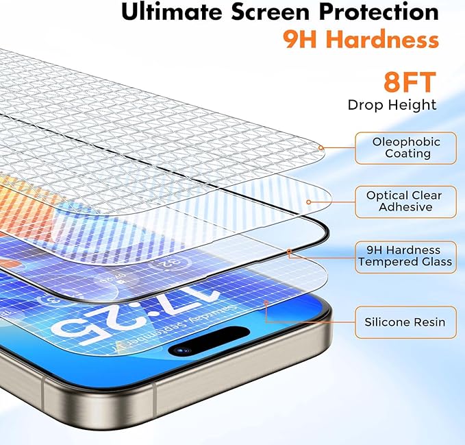 UNBREAKcable 3-Pack Glass for iPhone 15 Pro Screen Protector, Double Shatterproof Tempered Glass [Easy Installation Frame] [9H Hardness] [Full Coverage] [HD Clear] for iPhone 15Pro 6.1 inch