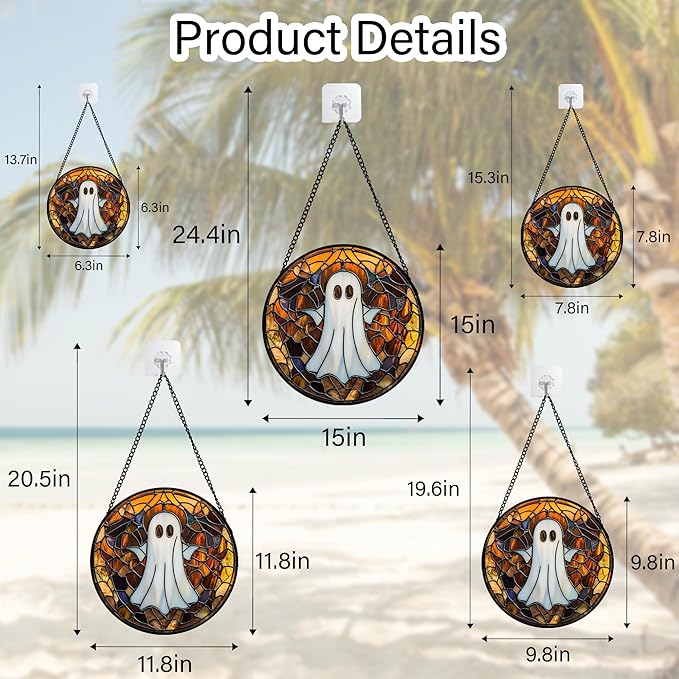 Stained Glass Window Hanging Halloween White Horror Ghost Large 15" - Suncatcher Door Garden Kitchen Sun Catcher Home Gothic Decor Birthday for Mom Men Woman Friend Grandma