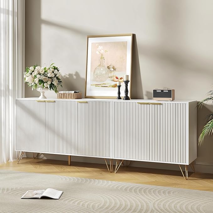 TV Stand for 75 inch TV Modern Entertainment Center Cabinet with 5 Doors Wood Media Console Storage Cabinets for Living Room Bedroom, White