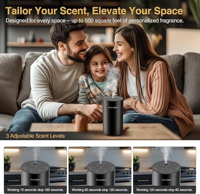 Waterless Essential Oil Diffuser Starter Kit - No Water Needed, Battery Operated Mini Scent Air Machine, Included 3x20ML Essential Oils, Portable Aromatherapy Diffuser for Home & Car & Office, Black