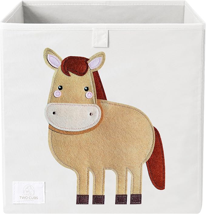 Two Cubs Foldable Kids Toy Storage Box - 13"x13" Cube Organizer Bin with Durable 2.6mm Plastic Plate Boards, Horse Design in White - Collapsible Nursery & Playroom Storage, Fits IKEA Kallax Shelves