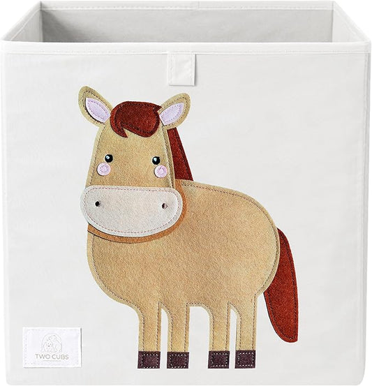 Two Cubs Foldable Kids Toy Storage Box - 13"x13" Cube Organizer Bin with Durable 2.6mm Plastic Plate Boards, Horse Design in White - Collapsible Nursery & Playroom Storage, Fits IKEA Kallax Shelves