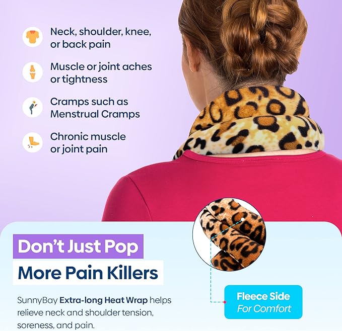 SunnyBay Microwave Heating Pad, Microwavable Heated Neck and Shoulder Wrap, Soothing Weighted Moist Heat or Ice Pack with Flaxseed and Lavender, FSA HSA Approved, 26x5 Inches, 2.5 lbs, Leopard