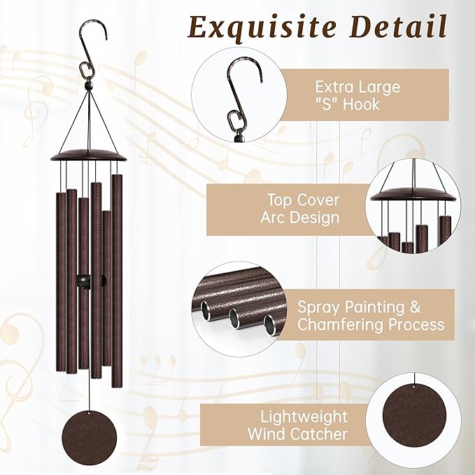 32" Wind Chimes for Outside with Clear & Crisp Sound, Coolest Metal Windchimes Outdoors with Pine Wood Striker, Unique Gift for Mom, Garden Decoration(Frosted Brown)