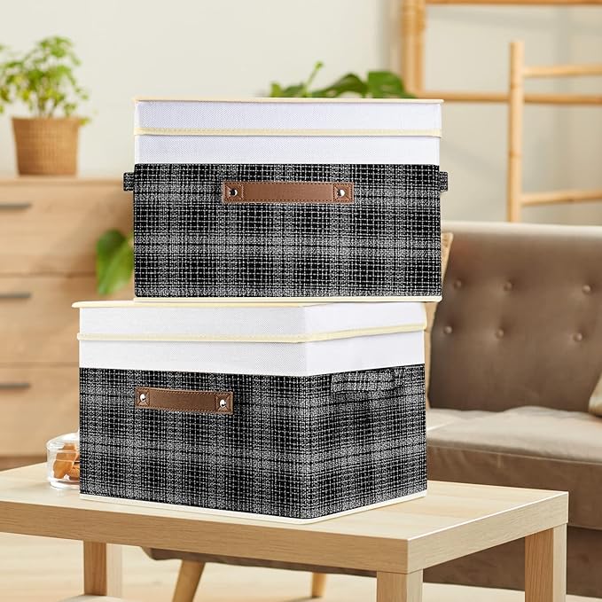 TYEERS Collapsible Storage Bins with Lids, Patchwork Design, Washable, Fabric Storage Boxes, 14.9x9.8x9.8 inches, 3 Pack, Black