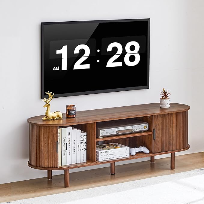 54" Fluted TV Stand with Storage, Mid Century Modern TV Console with Tambour Sliding Doors, Curved Entertainment Center, Media Console for Living Room, Bedroom (Walnut)