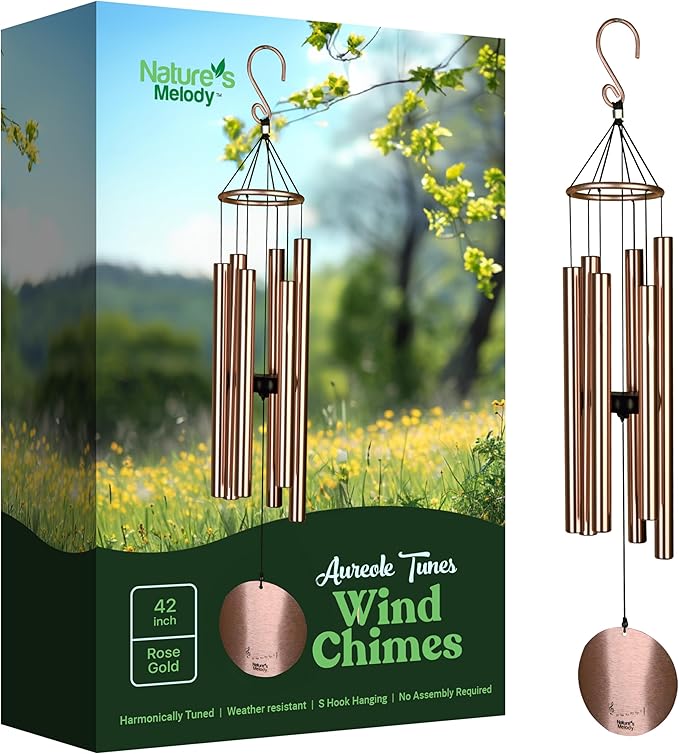 Nature’s Melody Aureole Tunes Wind Chimes – Outdoor Windchime with 6 Tubes Tuned to C Pentatonic Scale, 100% Rustproof Aluminum, Powder Finish & S Hook Hanger for Sympathy, Memorial Gift or Zen Garden