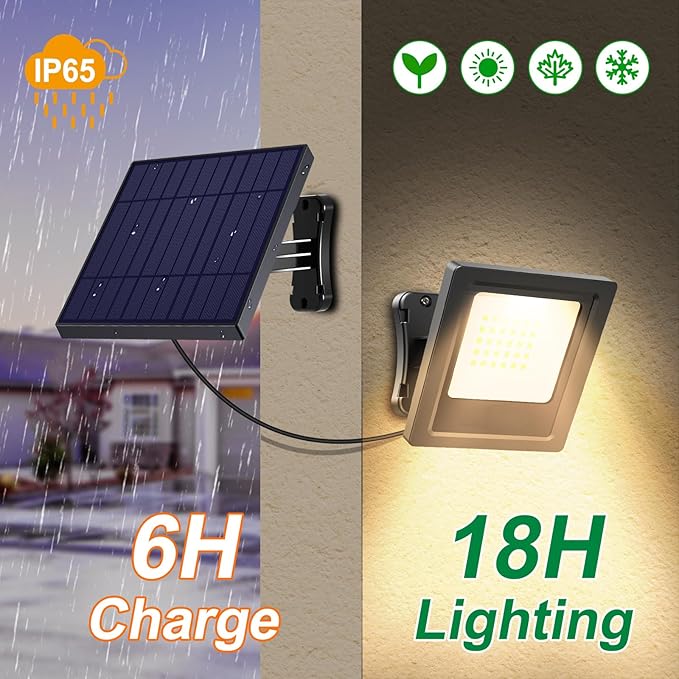 Solar Lights Outdoor Solar Flood Dusk to Dawn Lights 4400mAh 3000K Warm White Auto On/Off with 16.4Ft Cable IP65 Waterproof for Outside Front Door Barn Garden Garage Yard Patio Pool