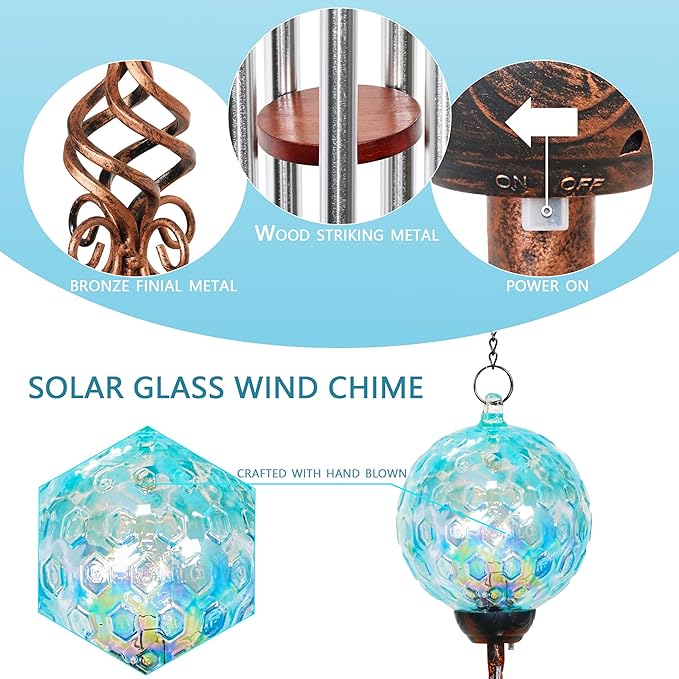 Wind Chimes, Solar LED Outdoor Garden Lighting, Light Blue Glass and Metal Wind Chime Lawn and Yard Decoration with Bronze Metal Finial, 5 x 46.5 Inch