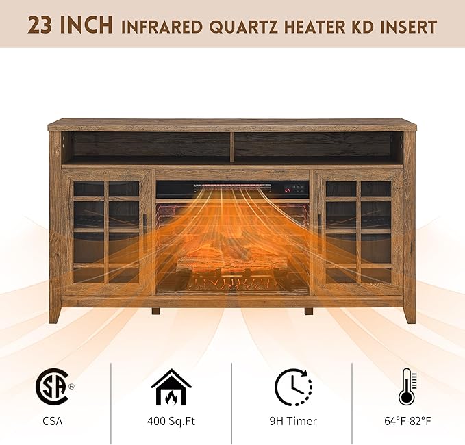 55" Rustic Fireplace TV Stand with 23" Fireplace Heater, Media Entertainment Center for TV up to 65", Open Storage Shelves, Cabinet Console Table, Reclaimed Barnwood