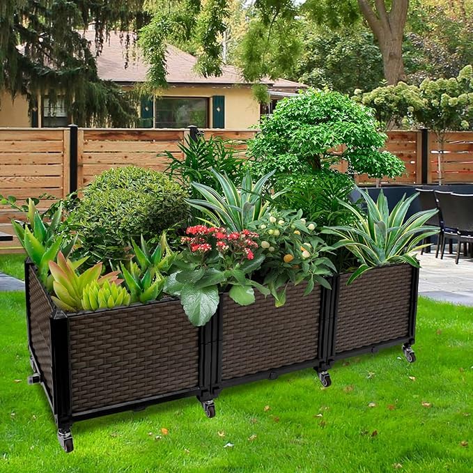 Raised Plant Box with Wheels 47.2"x15.7"x16.1", Raised Beds for Gardening Self Watering, Durable Metal Lockable Casters, Rectangular Garden Planter Perfect for Garden Patio Balcony Deck