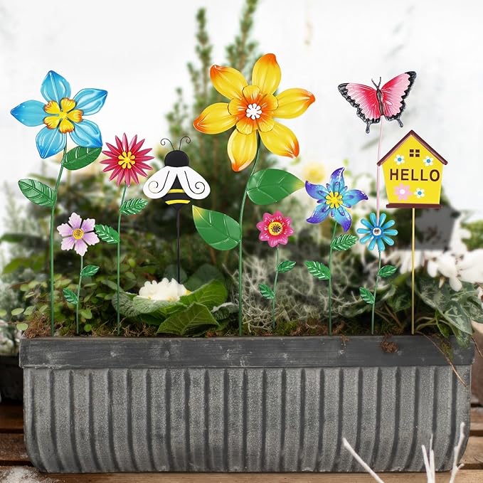 hogardeck Garden Decor for Outside, Set of 10 Metal Flowers Decorative Garden Stakes for Spring Decor, Gardening Gifts for Women Mom Grandma Wife, Yard Art Outdoor Lawn Porch Pathway Decorations