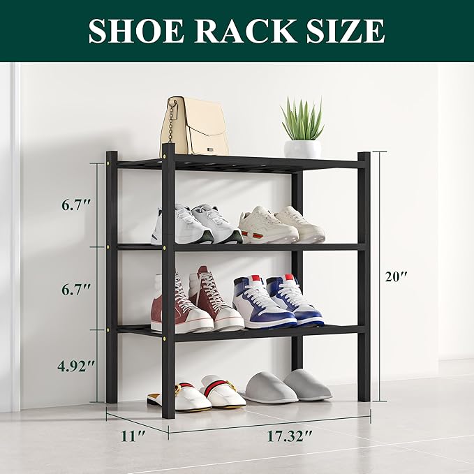 Smiry Shoe Rack, 3 Tier Small Bamboo Shoe Organizer, Stackable Free Standing Wooden Shoe Storage Shelf for Closet, Entryway, Front Door Entrance, Black