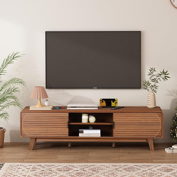 Mid Century Modern TV Stand for 55/60/65 Inch TV, 63" TV Console Table with Fluted Sliding Doors, Entertainment Center and Media Console Cabinet with Storage for Living Room (Walnut)