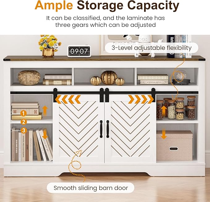 RoyalCraft Farmhouse Fireplace TV Stand for 65+ TV, Entertainment Center with 23" Electric Fireplace with Remote, 34" Tall Modern Rustic TV Console with Sliding Bar Door for Living Room, Antique White