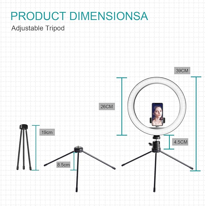 10'' Ring Light with Stand, LED Selfie RingLight for Desk- Suitable for Phones and Cameras, for Makeup/Photography/Videos/Vlog/TikTok