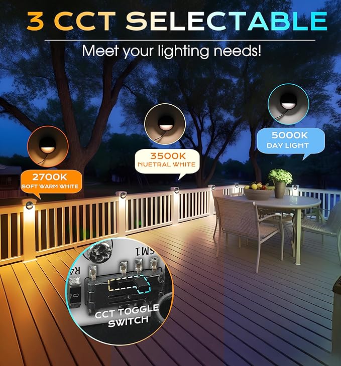 CLOUDY BAY [12 Pack] 3CCT Low Voltage LED Deck Lights Outdoor,2700K/3500K/5000K Selectable,Landscape Step Stair Railing Fence Light Wired,3W,12V-24V AC/DC Deck Lighting Fixtures