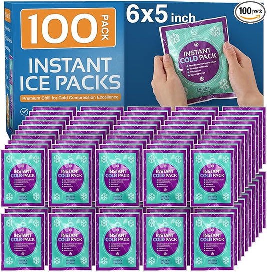 Bulk Instant Ice Cold Packs (6” x 5”) - 100 Packs Disposable Instant Ice Packs for Injuries | Cold Compress Ice Pack for Pain Relief, Swelling, First Aid, & Outdoor Activities