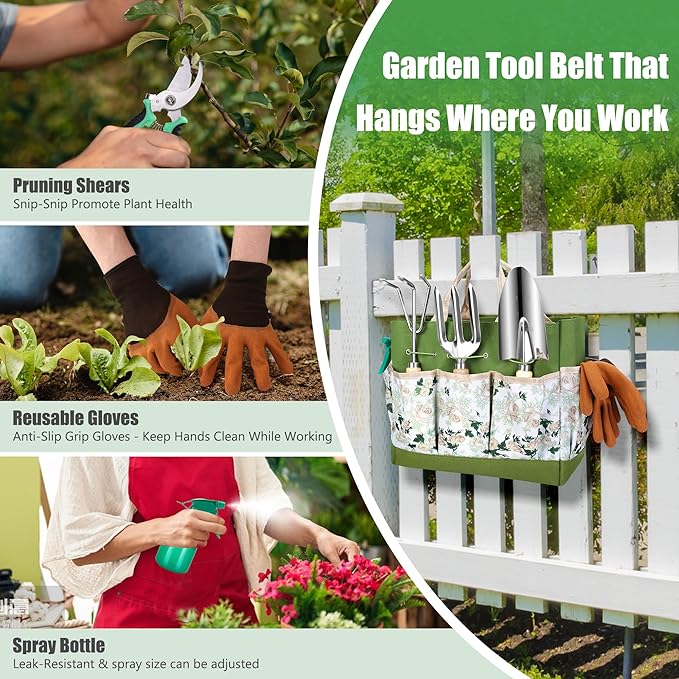 Garden Tools Set 10-Piece, Heavy Duty Stainless Steel Garden Hand Tools with Floral Tote Bag - Rust-Proof Garden Tools for Gardening, Gardening Gifts for Women Mom