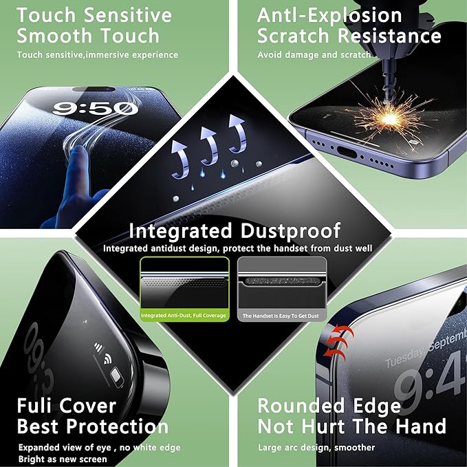 2 Pack Privacy Screen Protector for iPhone 16e and iPhone 14 and iPhone 13 and iPhone 13 Pro 6.1-Inch Auto Dust Removal, No Bubbles,Anti-Spy Tempered Glass Film, Easy Installation