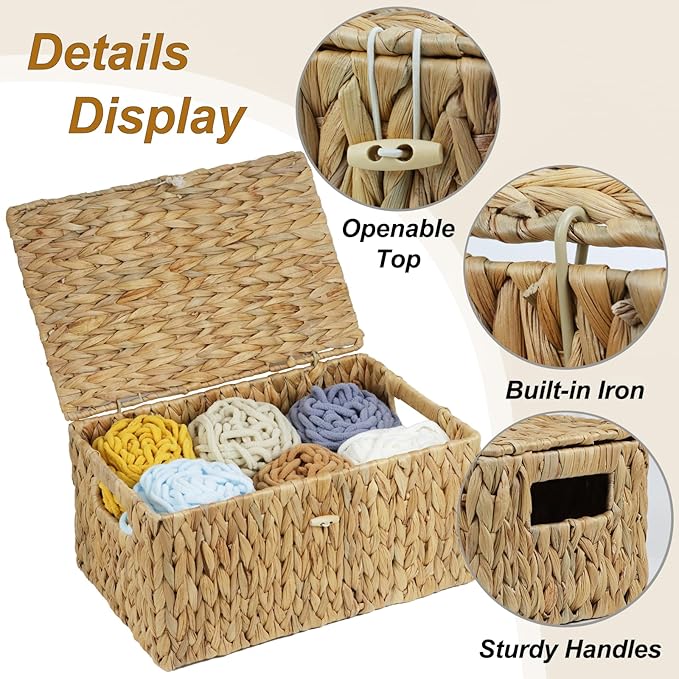 Set of 2 Wicker Basket with Lid, Rectangular Water Hyacinth Storage Baskets for Organizing, Decorative Woven Basket Bins Boxes for Organizing Home (14.2" x 9.4" x 7" + 12.2" x 7.8" x 6")
