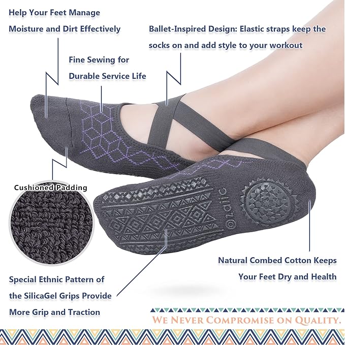 Ozaiic Yoga Socks for Women Non-Slip Grips & Straps, Ideal for Pilates, Pure Barre, Ballet, Dance, Barefoot Workout