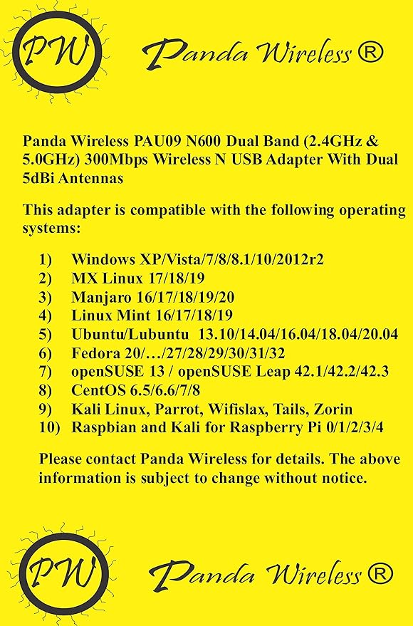 Panda Wireless® PAU09 N600 Dual Band (2.4GHz and 5GHz) Wireless N USB Adapter W/Dual 5dBi Antennas - Windows 7/8/10/11, Zorin, Mint, Ubuntu, openSUSE, Fedora, Centos, Kali and Raspbian