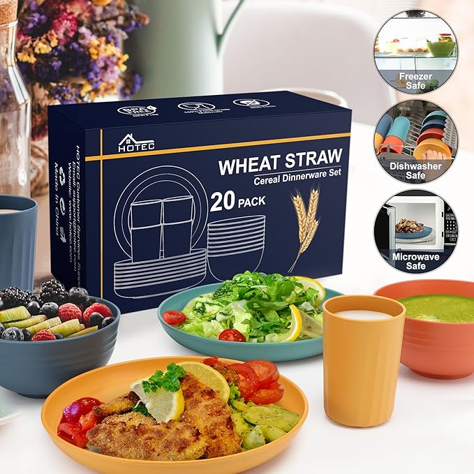 HOTEC 20-Pack Unbreakable Kitchen Plastic Wheat Straw Dinnerware Set – BPA-Free Plates, Bowls & Cups | Lightweight, Microwave & Dishwasher Safe | Multicolor Reusable Tableware for Home & Outdoor Use