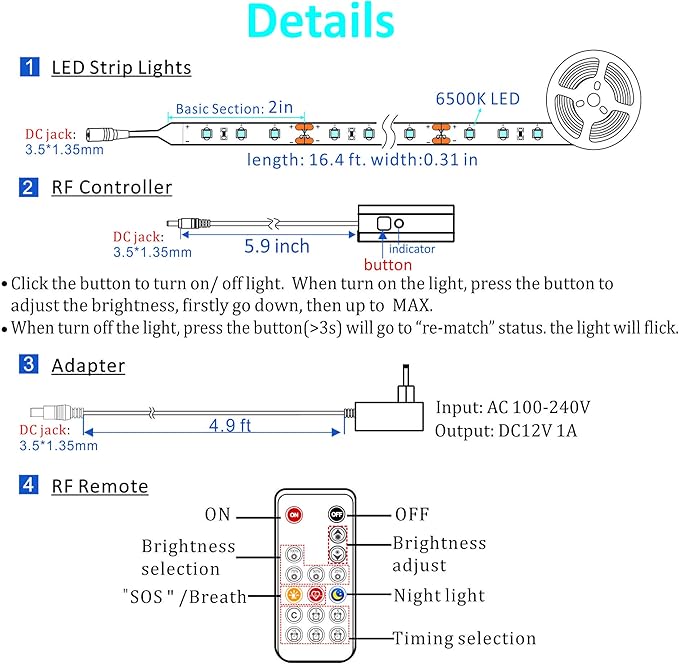WOBANE White LED Strip Lights, Dimmable LED Light Strip Kit, 16.4ft Flexible Tape Lights for Bedroom,Kitchen,Under Cabinet,Bright 6500K Daylight, LED Mirror Lighting for Vanity Makeup Dressing Table