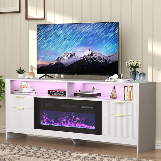 Fireplace TV Stand with 36" Fireplace Up to 80" TVs, 70" Entertainment Center with LED Lights, Storage Cabinets, Modern TV Console for Living Room,Bedroom (White)