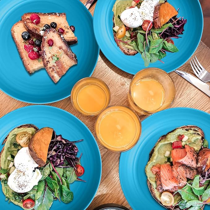 Wheat Straw Plates 10 Inch - Unbreakable Dinner Plate Set of 8 - Dishwasher & Microwave Safe Plastic Plates Reusable - Lightweight Deep Plate for Kitchen,Outdoor,Dorm (Blue)