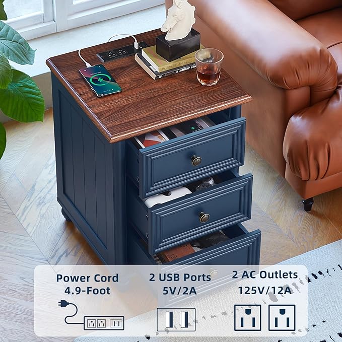 18" Farmhouse Nightstand with Charging Station and USB Port, Blue Night Stand with 3 Drawers, Wood Bedside End Table with Storage, Bed Side Tables for Bedroom Living Room and Closet