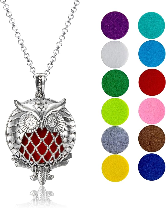 Wild Essentials Owl of Athena Essential Oil Diffuser Nickel Free Alloy Locket Pendant with 24 inch Chain, 12 Color Refill Pads, Customizable Color Changing Perfume Jewelry for Aromatherapy