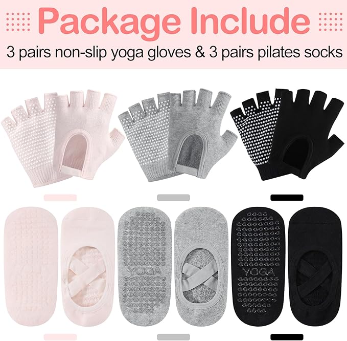 Shihanee 6 Pairs Non Slip Yoga Gloves Socks Set for Women Silicone Dot Grip Fingerless Gloves Towel Bottom Pilates Socks Yoga Accessories for Workout Exercise Hanging Fit Cycling