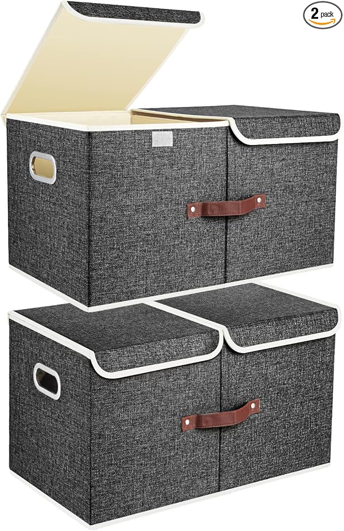 TYEERS Extra Large Collapsible Storage Bins with Lids and Compartments, Washable, Fabric Storage Boxes, 21.7x13x11.8 inches, 2 Pack, Black