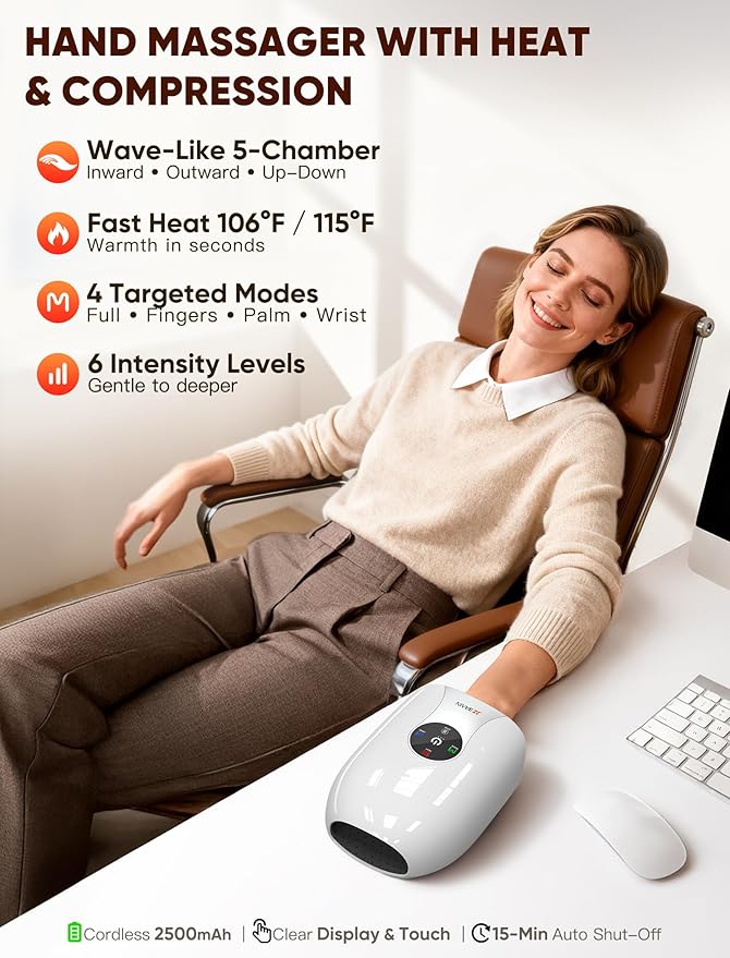Hand Massager with Heat and Compression : Cordless Heated Full Hand Massager for Palm, Fingers, and Comfort Relief – 4 Modes 6 Intensities, Portable Rechargeable