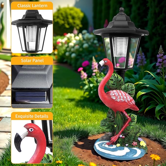 Solar Flamingo Garden Decor, Summer Outdoor Statue with Solar Light Decoration for Outside Patio Yard Backyard Gifts for Mother's Day Birthday Housewarming