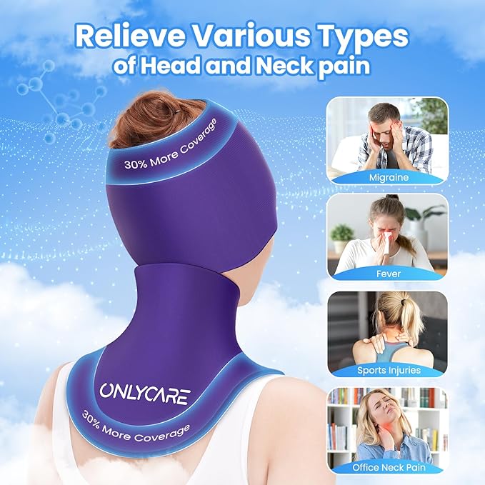 ONLYCARE Migraine Relief Cap and Neck Ice Pack Wrap Gel Set, Upgrade Headache Relief Cap and Shoulder Cold Pack, Hot and Cold Compress, Relief of Pain, Swelling, Office Pressure
