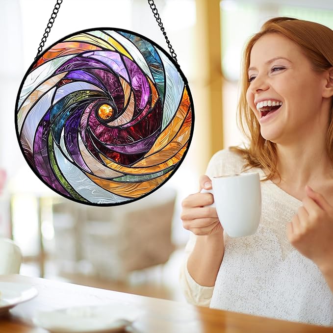 Stained Glass Window Hanging, Colorful Abstract Spiral Pattern Suncatcher for Doors Window Home Sun Catchers Decoration Mother's Day Birthday Gifts for Women, Men, and Mom 7.8 in