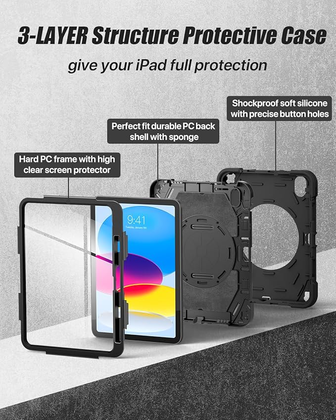 for iPad(A16) 11 inch 2025 case/10.9 inch iPad 10th Generation Case, Heavty Duty Shockproof Full Protective Case with Screen Protector and Rotatable Hand Strap, Shoulder Strap (Pure Black)