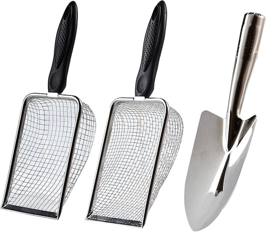 2 Pcs Soil Sifter for Gardening with Garden Shovel Hand Trowel - 3.8/5mm Mesh, Stainless Steel Sifter with Ergonomic Handle for Compost, Sand, Rocks, Potting Soil, Landscaping, Beach & cat Litter